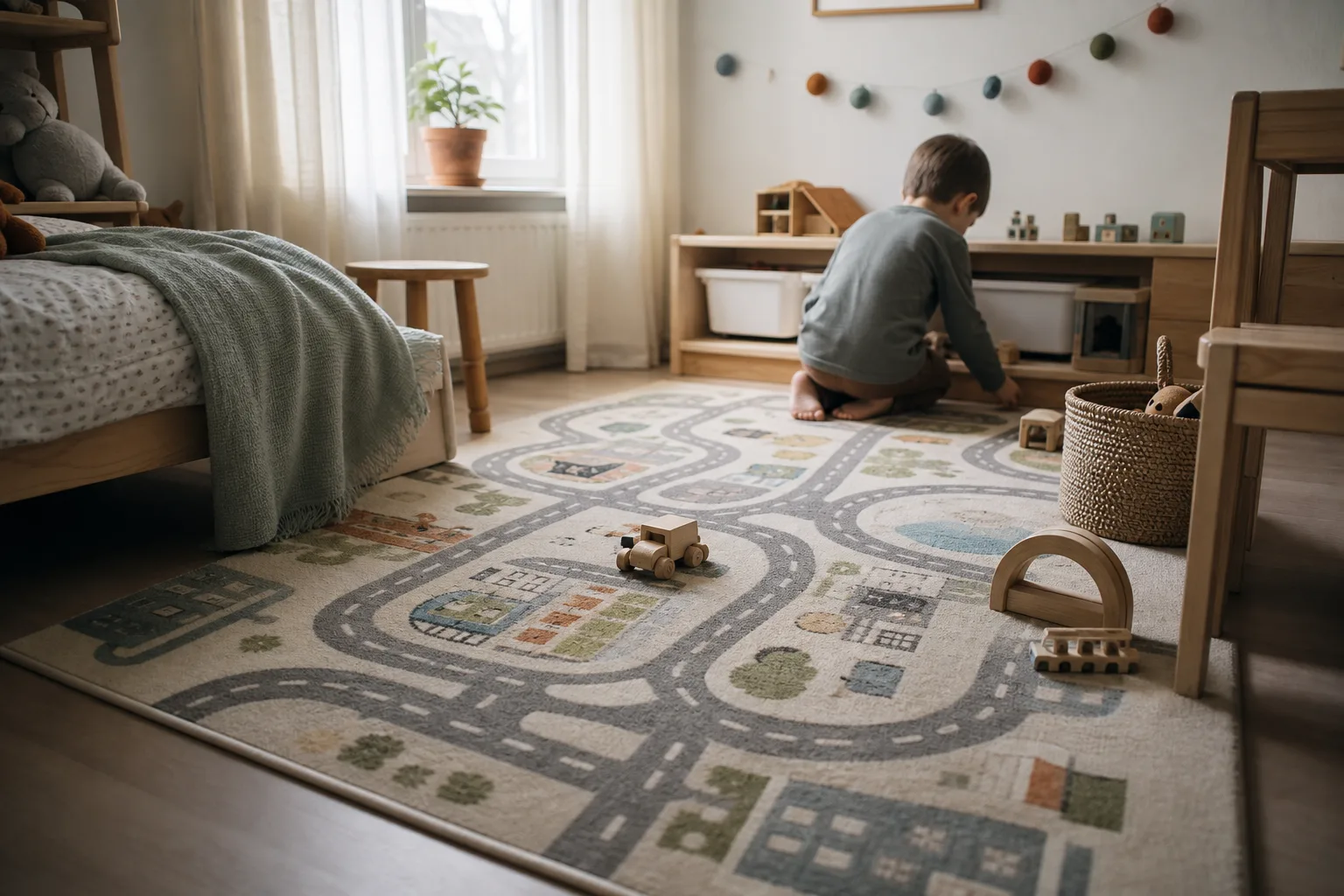 En golvmatta med vägmönster och husmotiv utlagd på golvet i ett barnrum