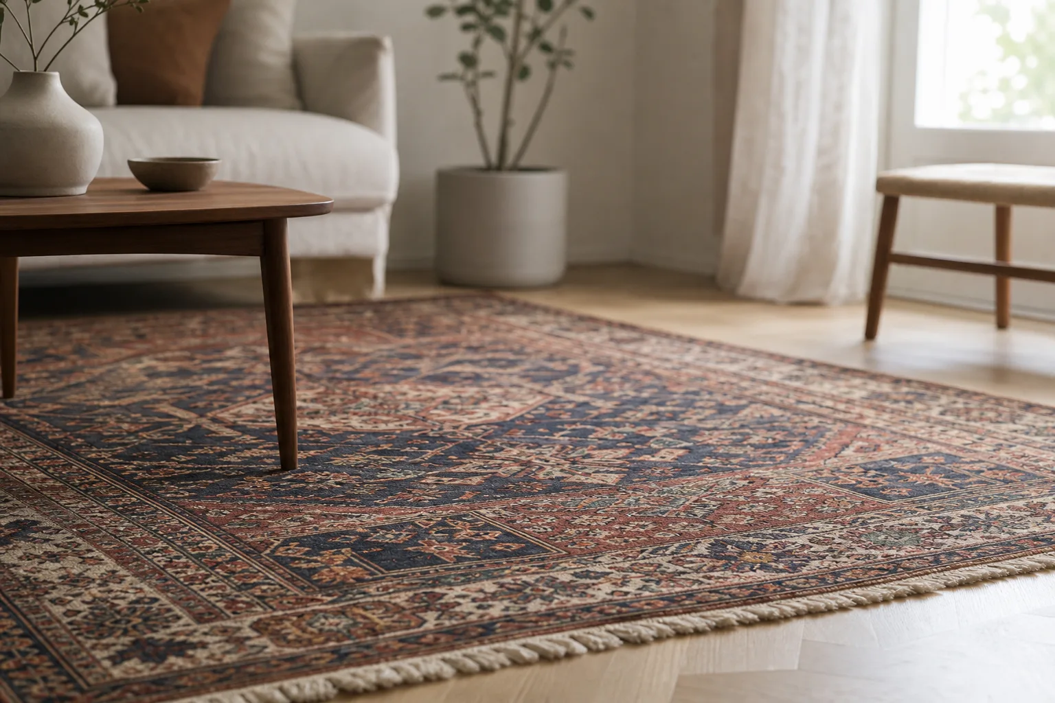 Fem orientaliskt mönstrade mattor i olika färger och format