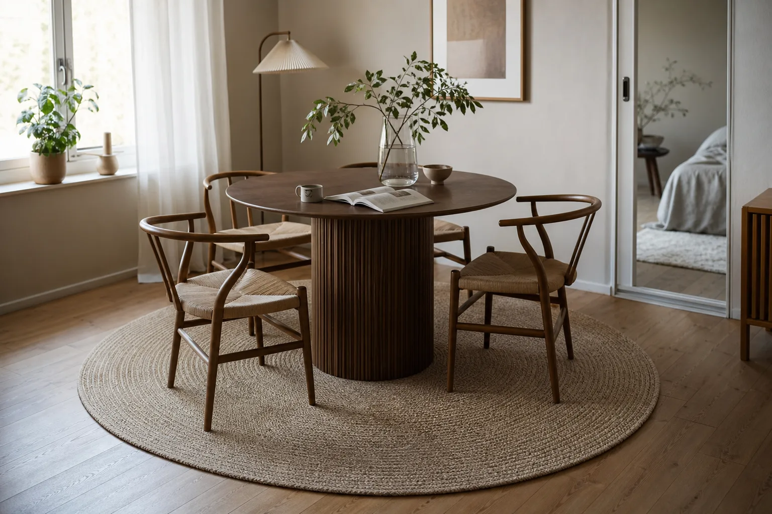 Fem runda mattor i olika diameter och material sida vid sida