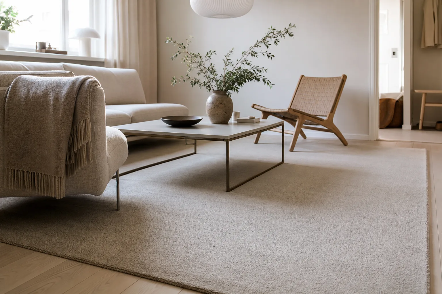 En enfärgad matta i ljusbeige med en jämn yta på ett golv i ett ljust rum