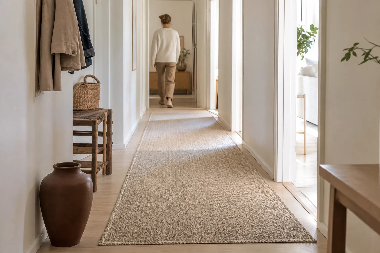 En gångmatta på metervara rullas ut och mäts i en smal passage