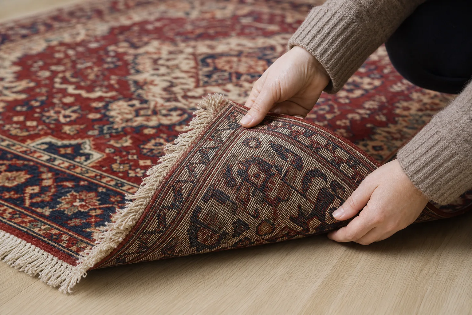 Baksidan på en matta där knutstrukturen syns tydligt mot varpen