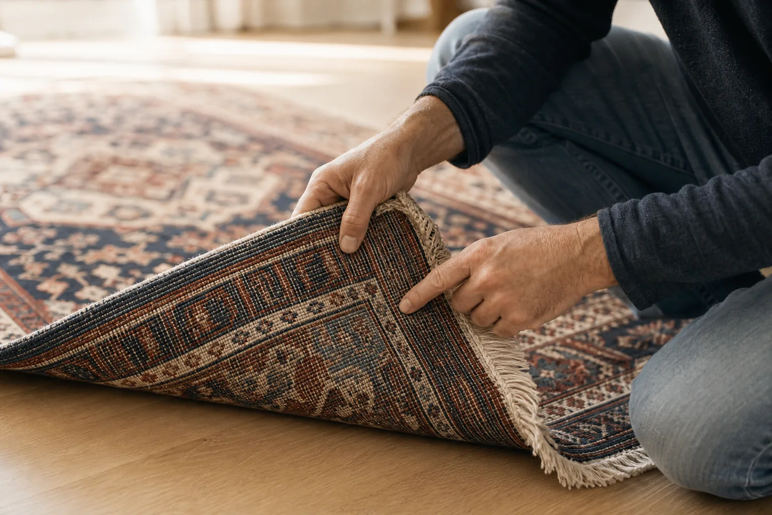 Närbild på en handknuten mattas lugg och baksida med synliga knutar