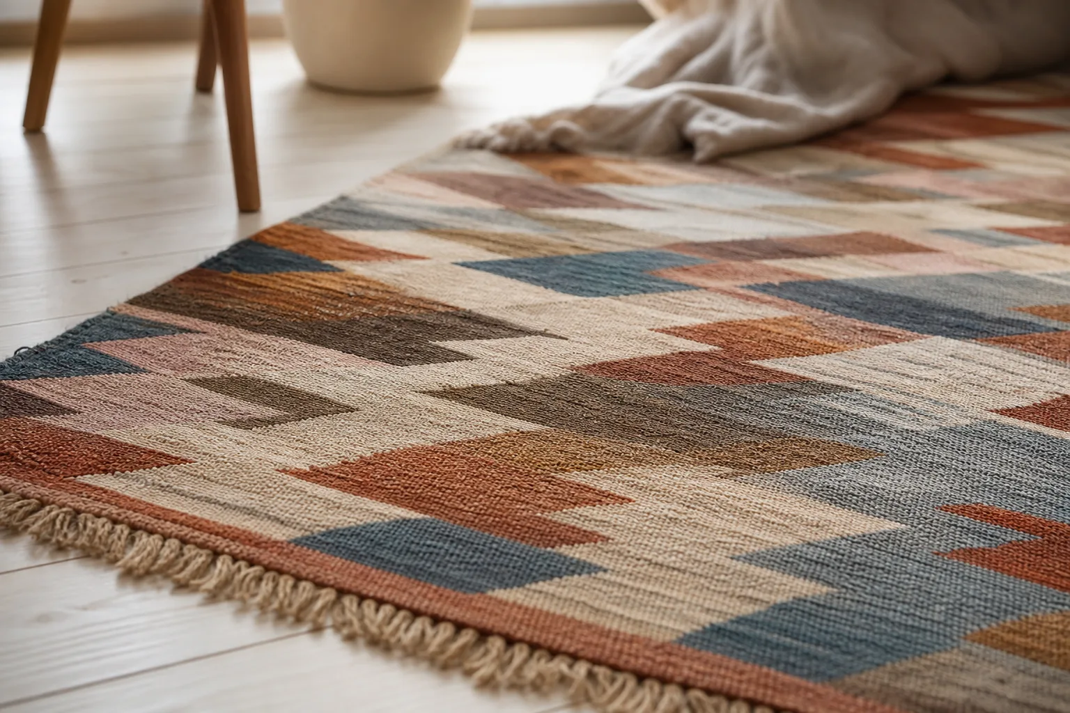 Kelimmatta med plattvävt, geometriskt mönster utan synlig lugg