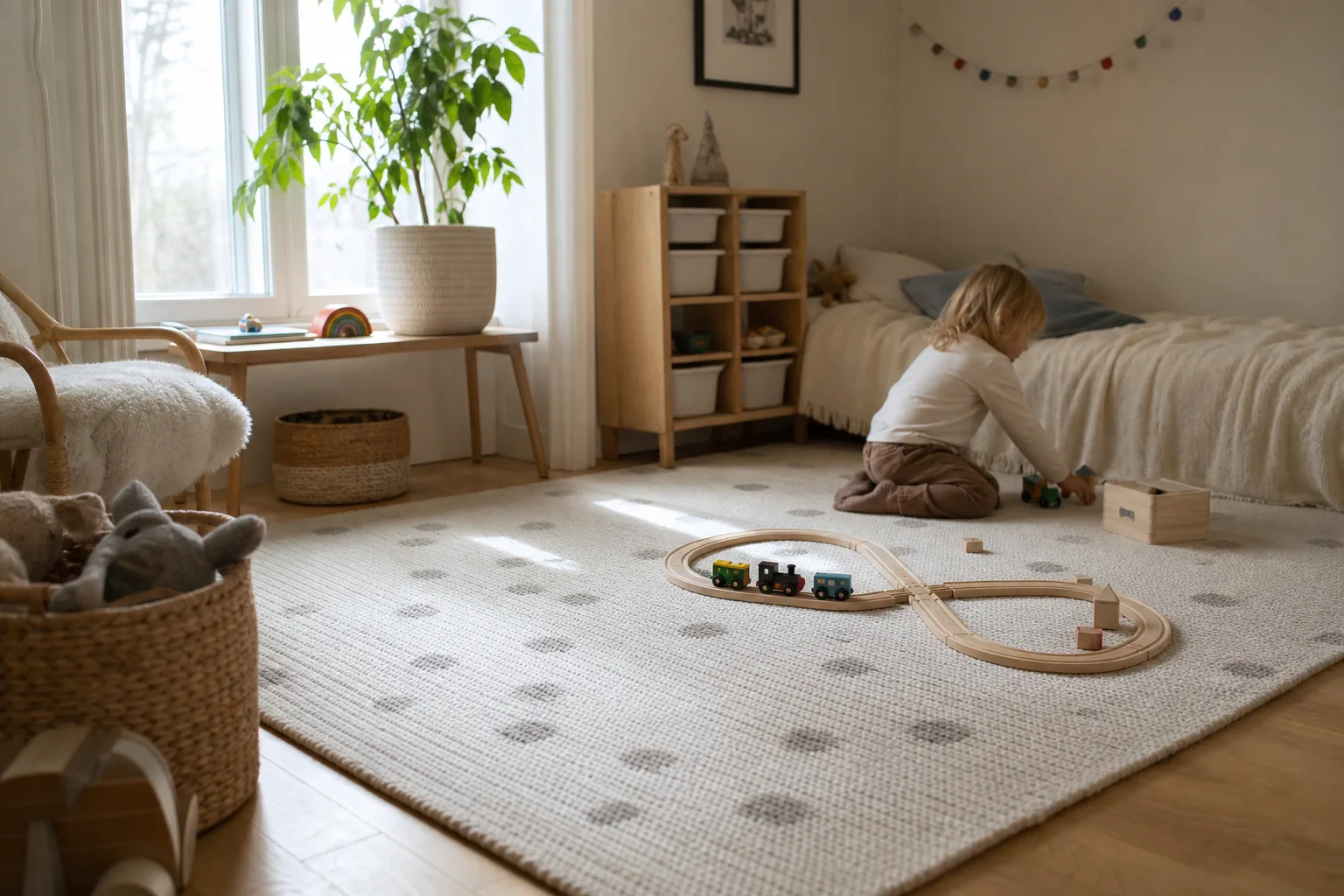 Ett barn leker på en golvmatta med bilmotiv i ett vardagsrum