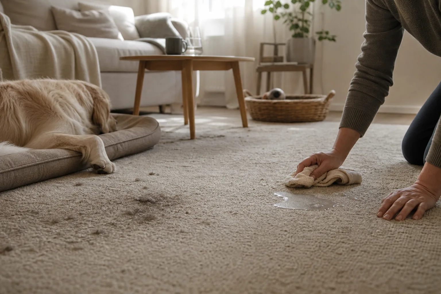 En hund ligger på en lågluggad matta i ett vardagsrum