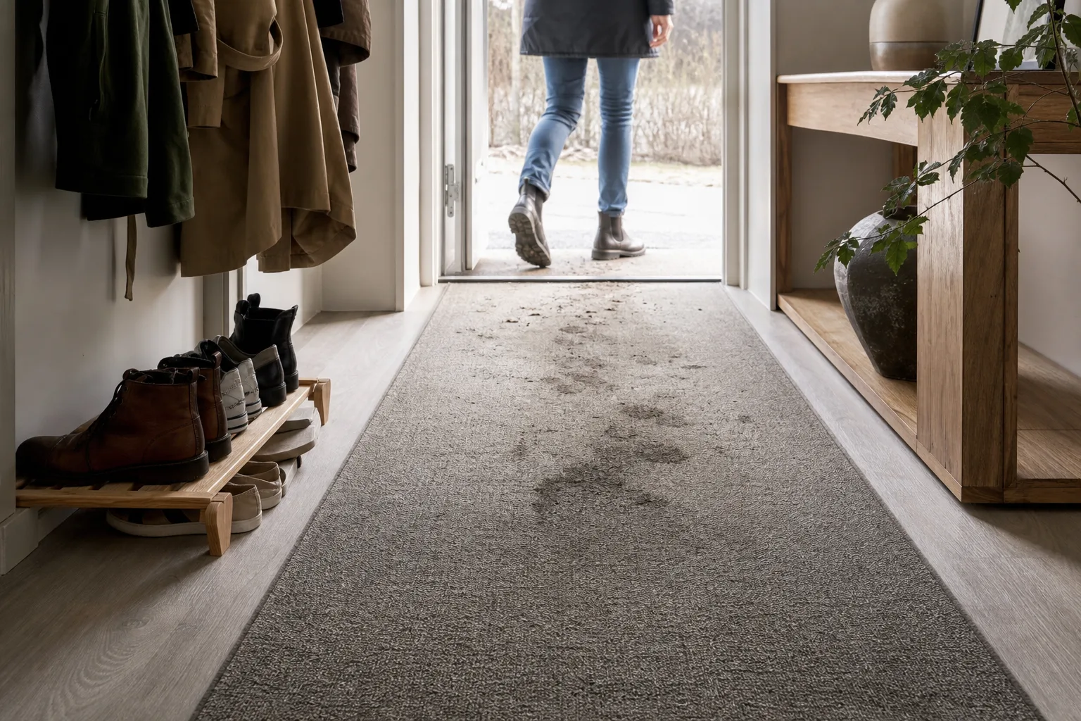 En matta ligger i en hall precis innanför ytterdörren
