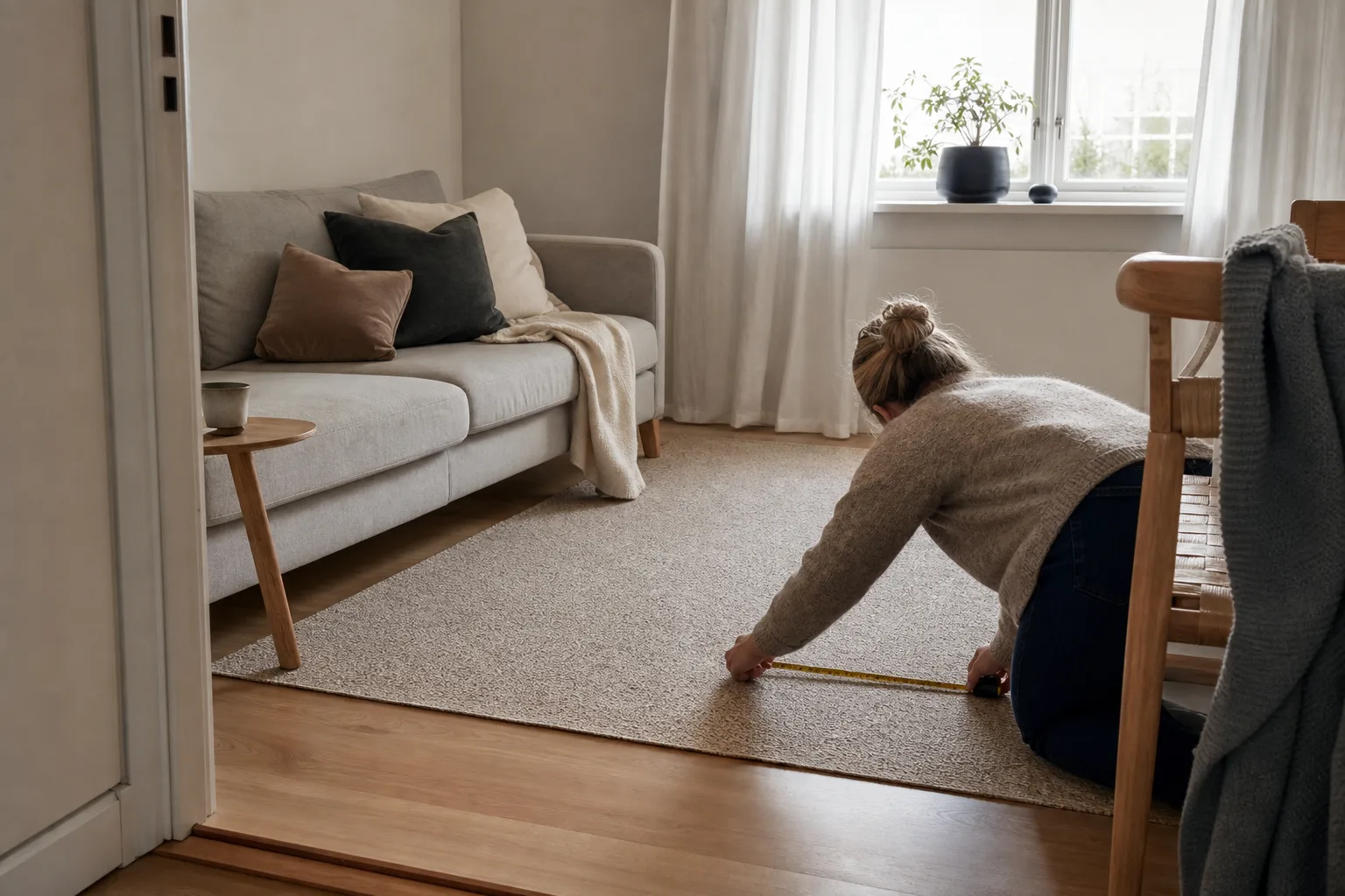 Måttband läggs ut över golvytan i ett litet rum innan en matta väljs