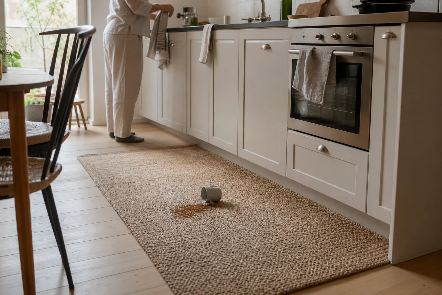 En smal matta ligger på golvet framför diskbänken i ett kök