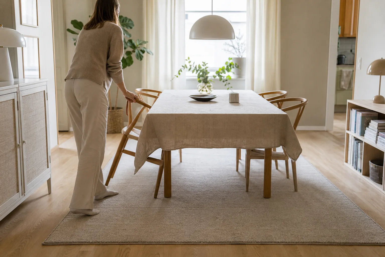 Ett måttband sträcks ut från ett matbord mot en utdragen stol för att mäta mattans bredd