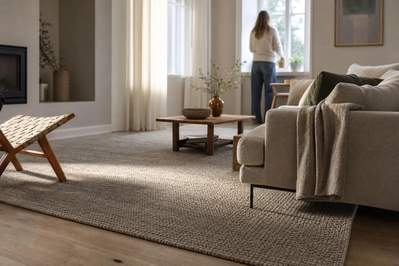En rektangulär matta breder ut sig på golvet i ett vardagsrum med bra plats runt om