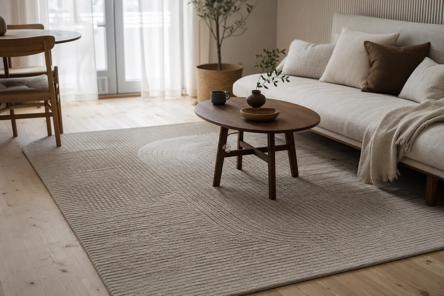 Två mattor med olika mönster, en geometrisk och en klassisk rutig, lagda bredvid varandra på ett golv