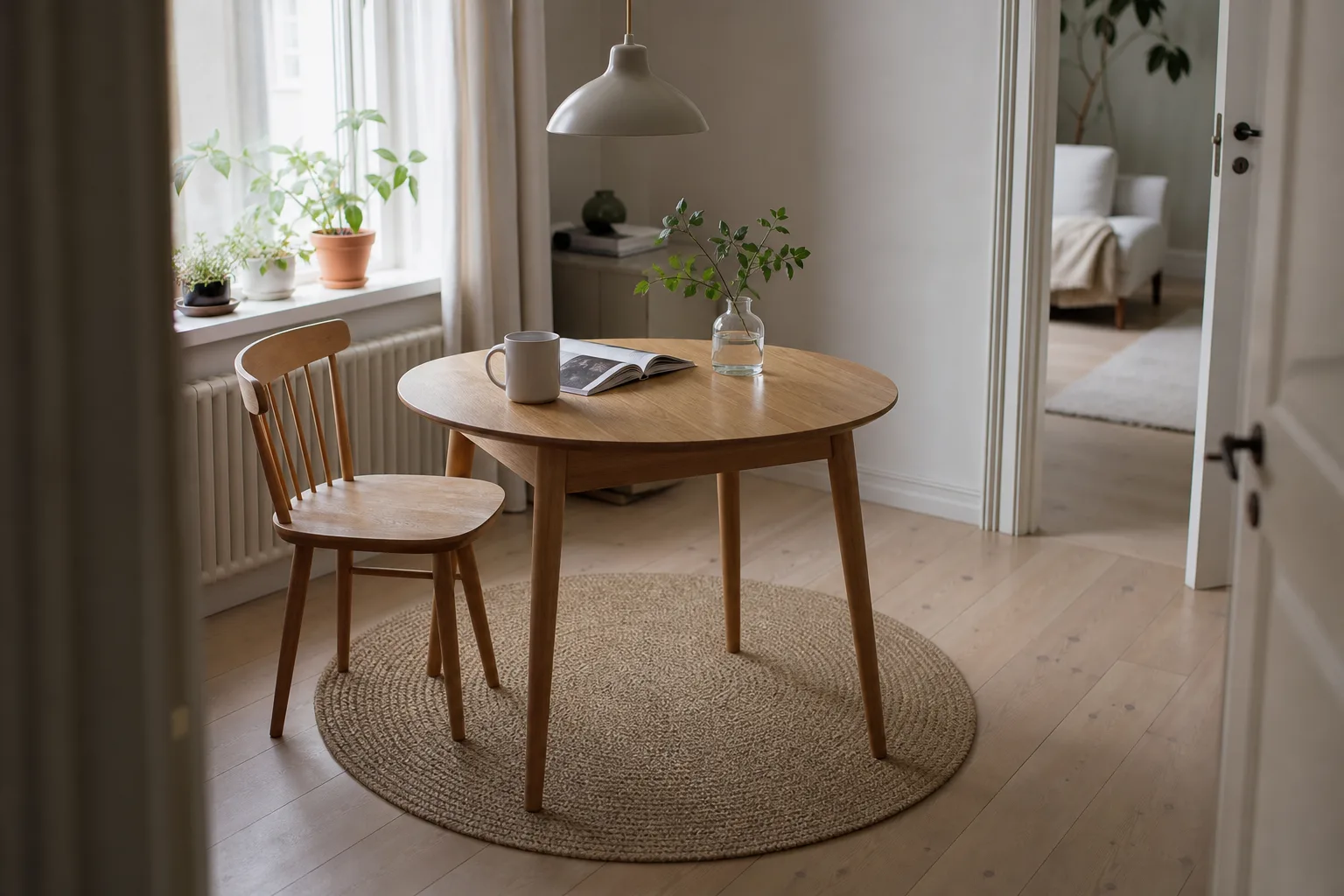 En liten rund matta i grå ton ligger under en pall vid en hallentré