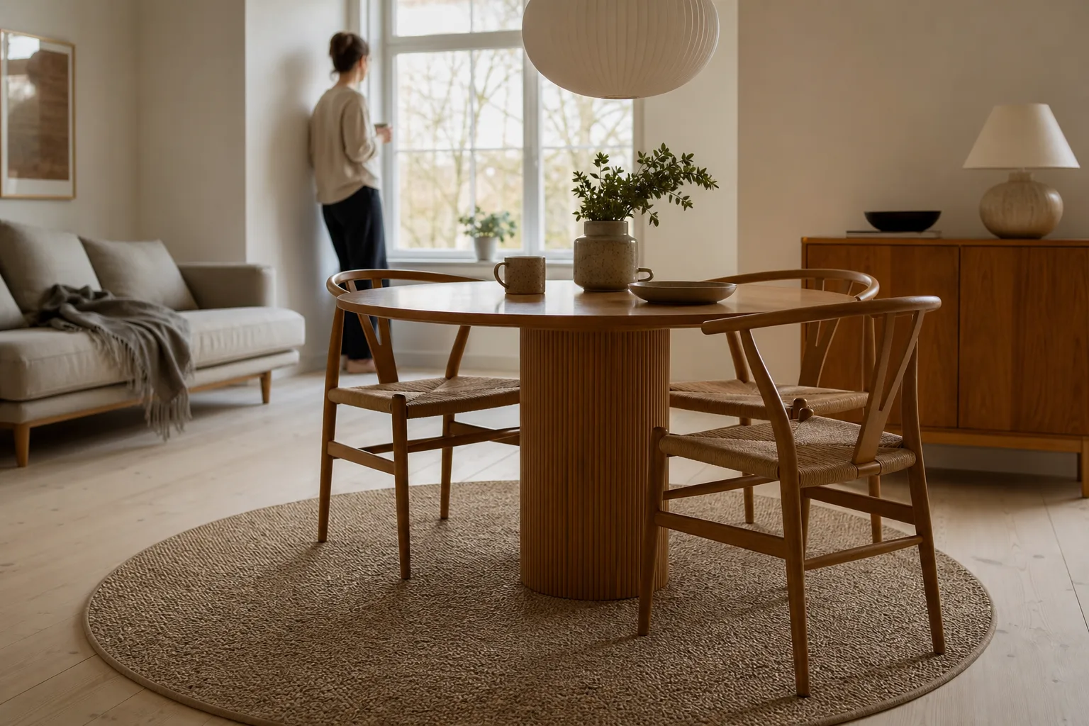 En rund matta i mellanstort format ligger under ett litet runt matbord