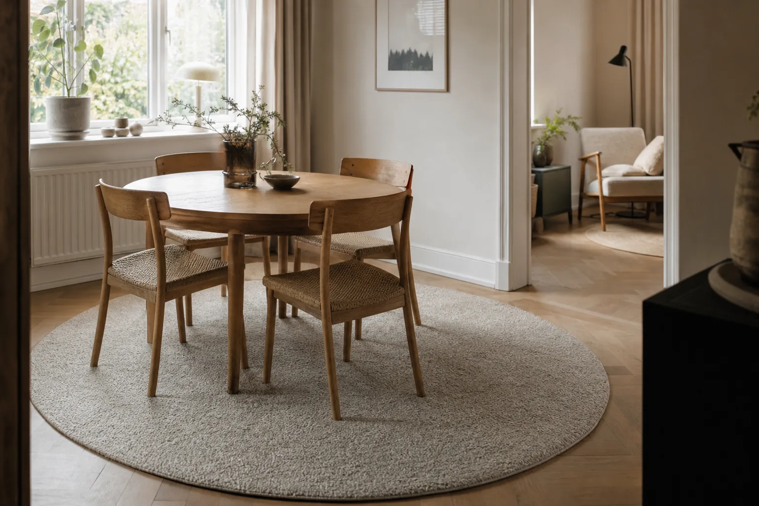 En stor rund matta ligger under ett runt matbord med flera stolar i ett vardagsrum