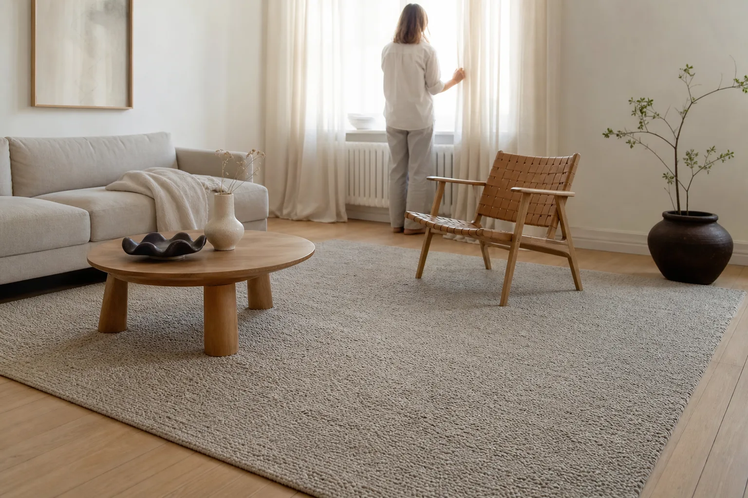 En ljus matta med vävt geometriskt mönster i ett rum med enkel, ljus inredning