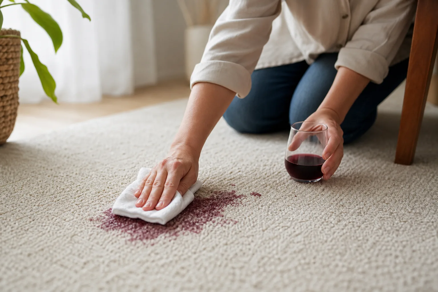 Rödvin absorberas från en matta med en vit trasa direkt efter spill