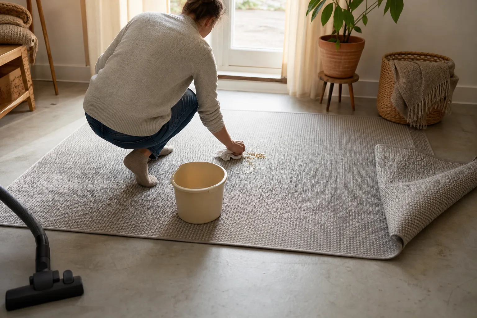 Plastmatta med vävd yta och svetsad kant utlagd på ett köksgolv inomhus