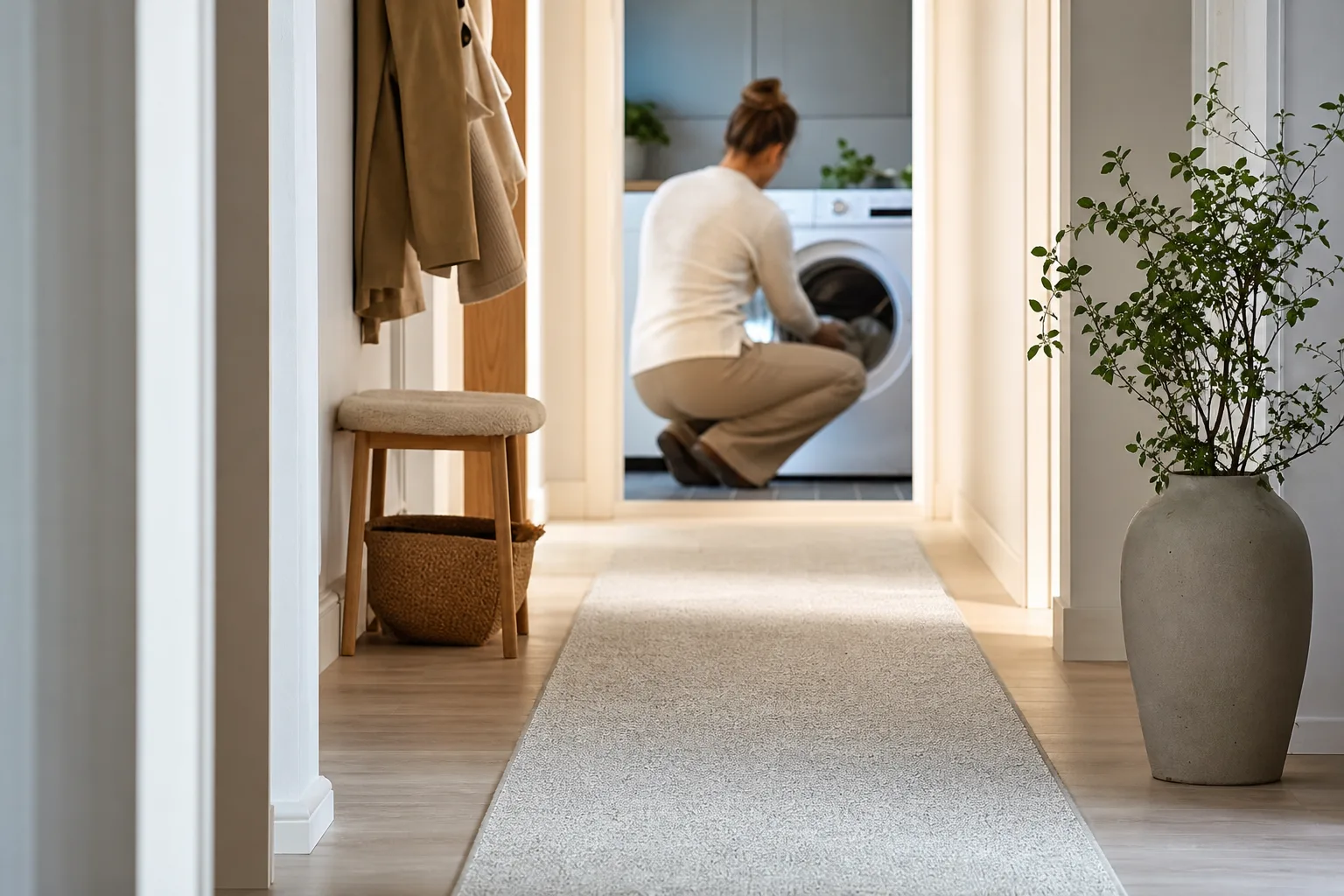 En gångmatta ligger i en hall och kontrolleras för tvättråd