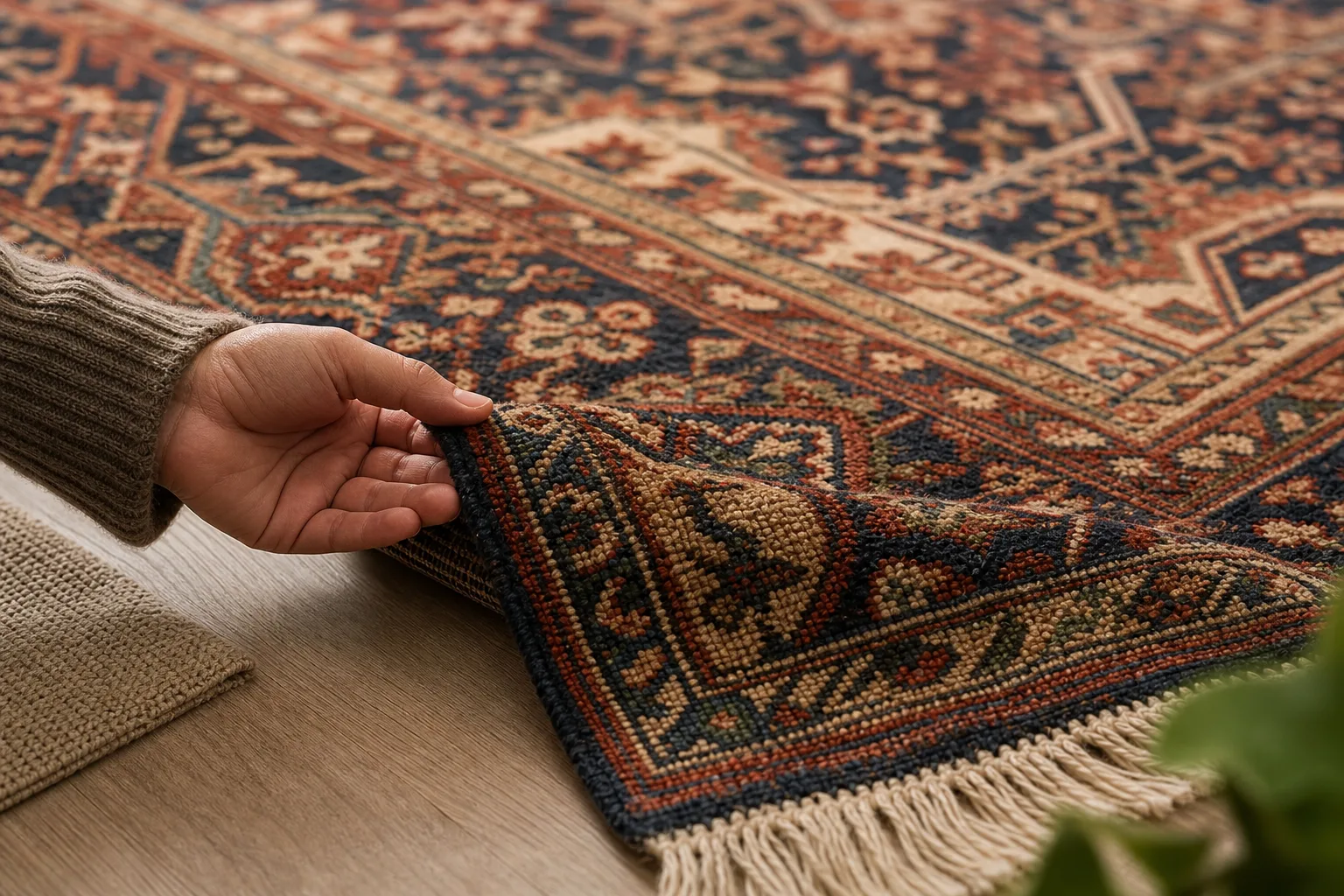 Närbild på lugg och knutstruktur på en handknuten matta