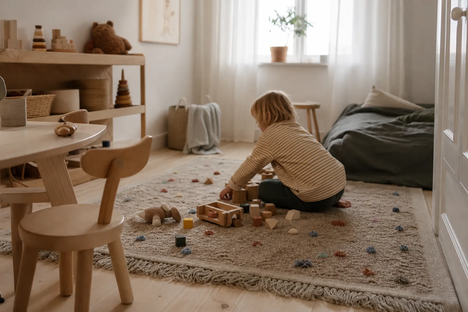 Ett barnrum med en rund barnmatta på golvet framför en säng