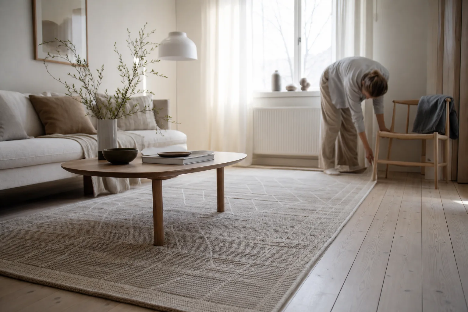 En modern matta med grafiskt mönster ligger på ett ljust golv i ett vardagsrum