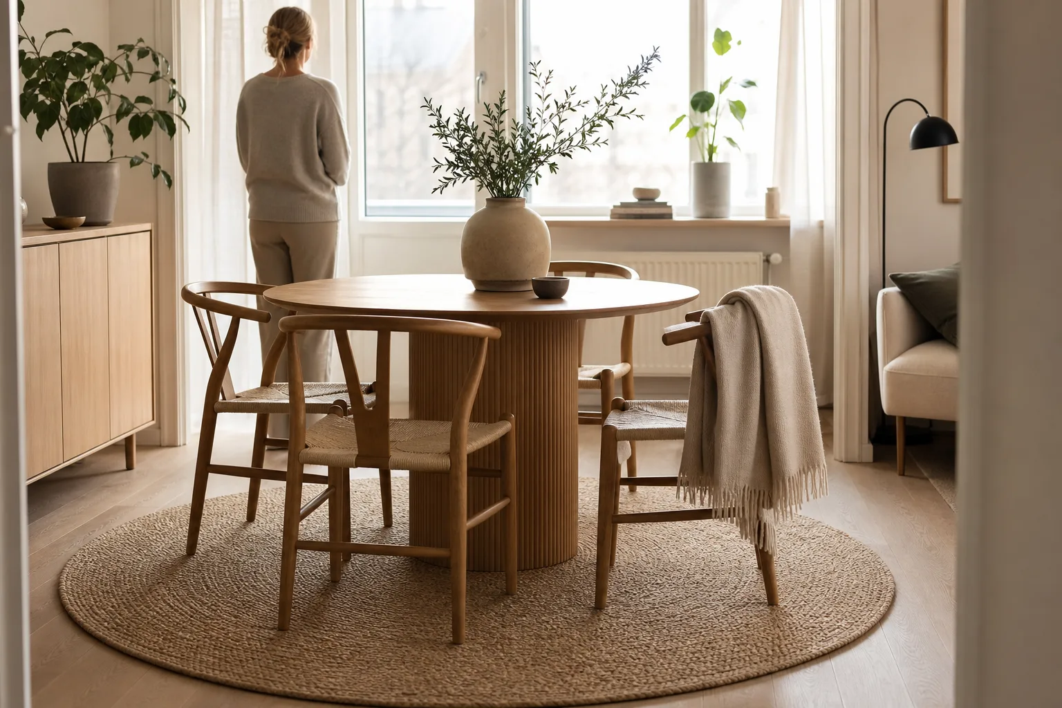 En rund matta ligger mitt i ett ljust vardagsrum med en samlad möbelgrupp
